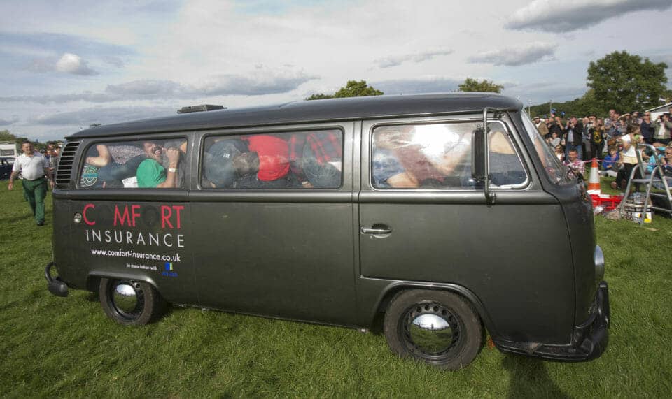 Guinness World record attempt. Comfort Insurance fit 51 people into a VW campervan . PIX.Tim Anderson