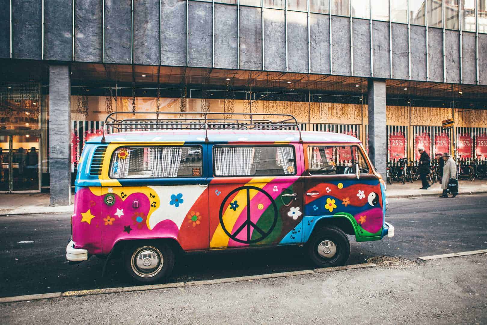 VW campervan with a painted peace symbol