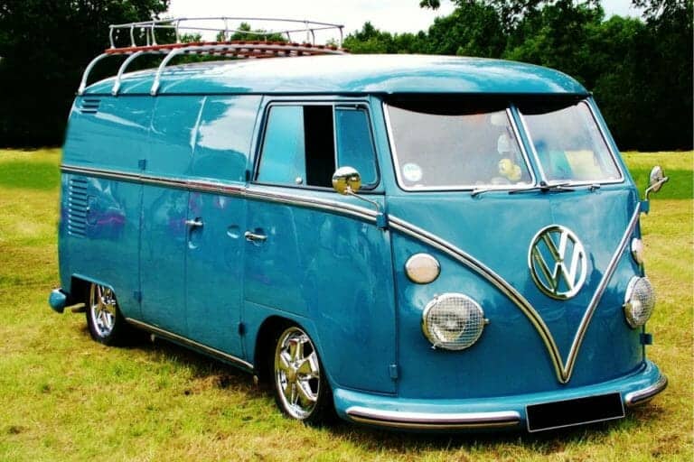 Blue VW Campervan on Grass