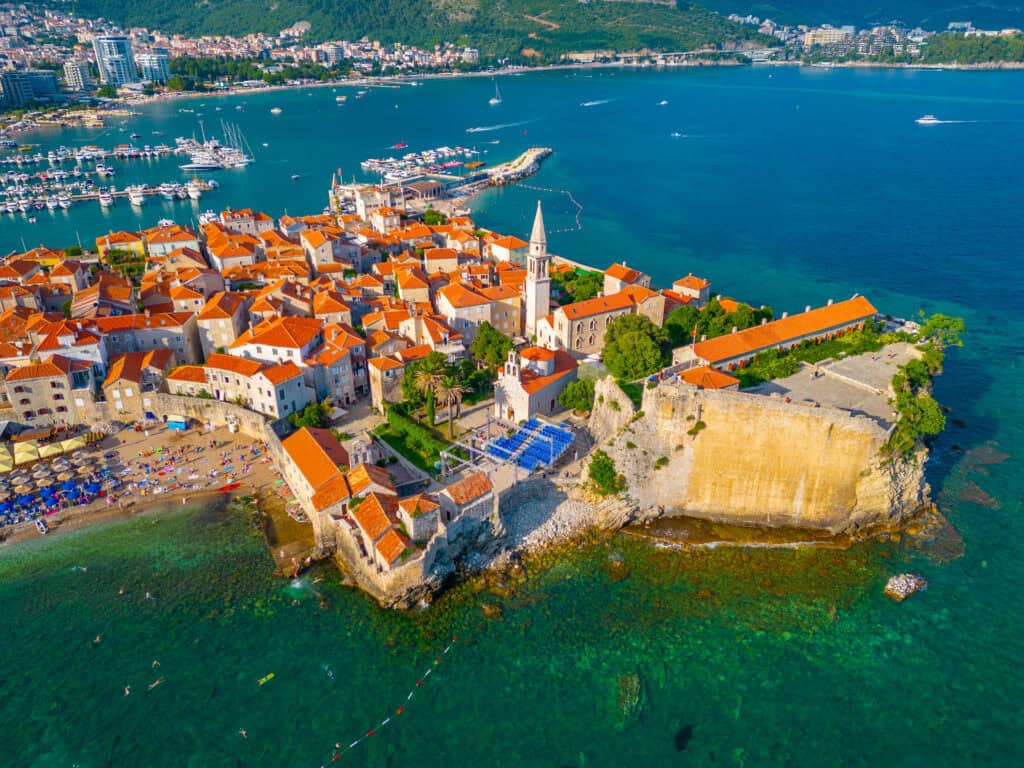 Aerial view of the old town of Budva, Montenegro