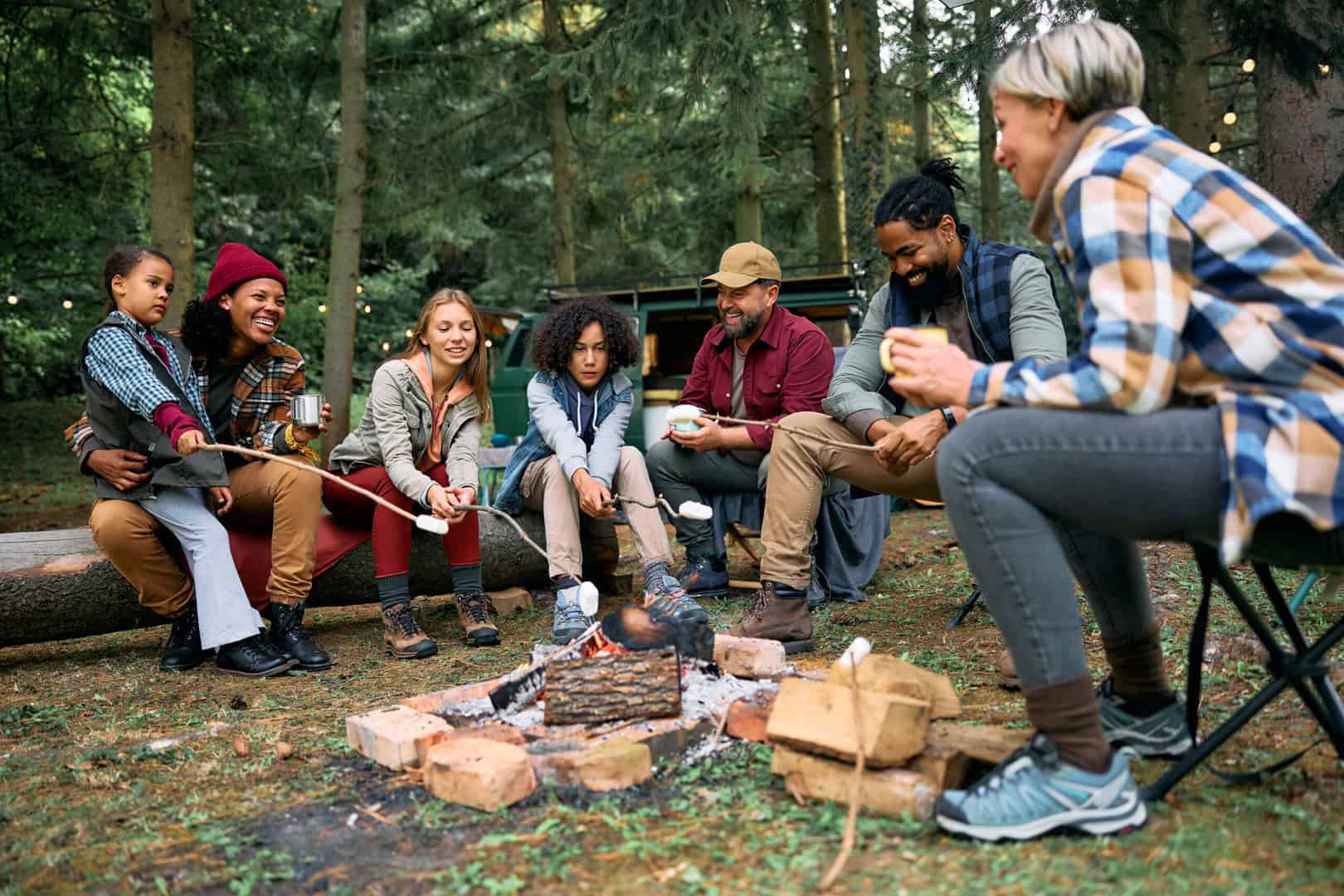 Happy multiracial families roasting marshmallows while camping in woods. Happy multiracial families roasting marshmallows while camping in woods.