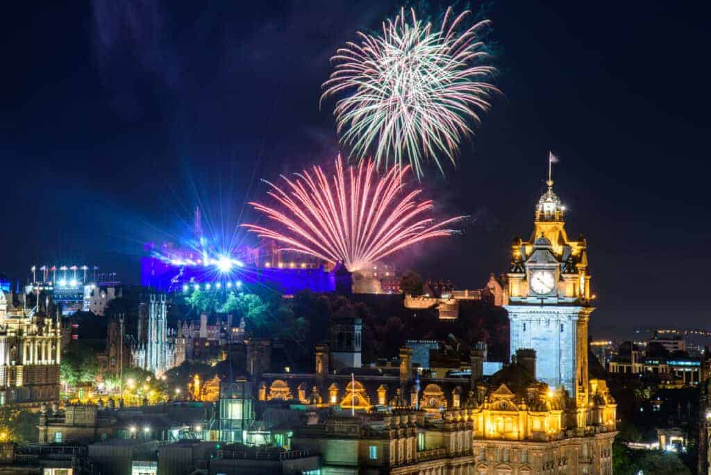 EDINBURGH, SCOTLAND - AUGUST 15, 2017 - The scenic summer fireworks in Edinburgh during the Royal Military Tattoo and Fringe Festival.