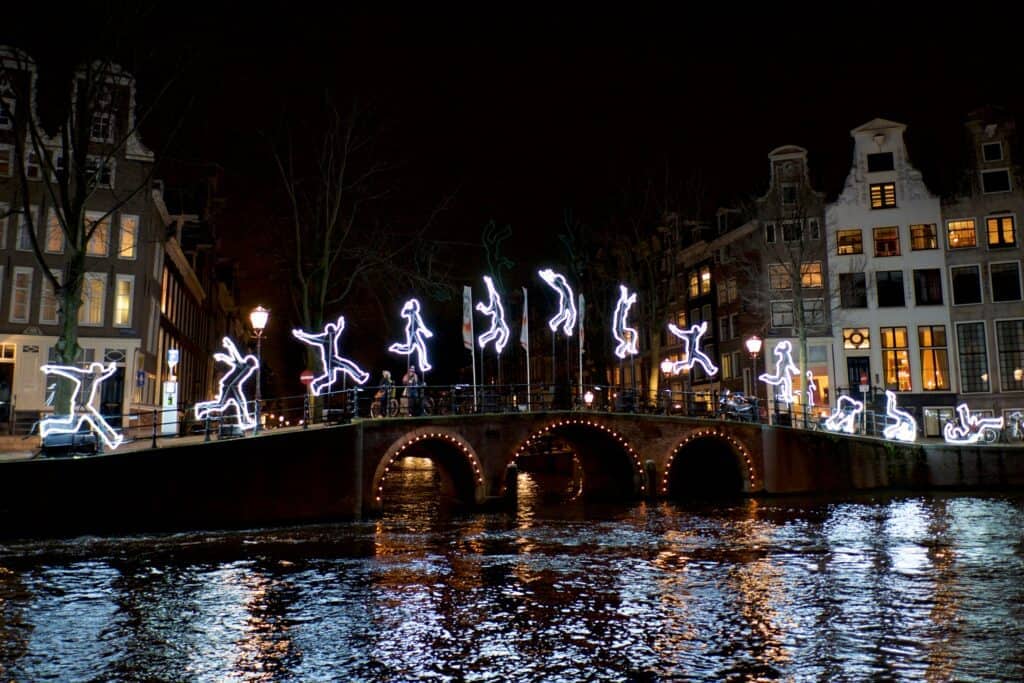 Amsterdam / Netherlands - December 14th 2015: Lighted decorations in the city of Amsterdam during the annual Amsterdam Lights Festival.