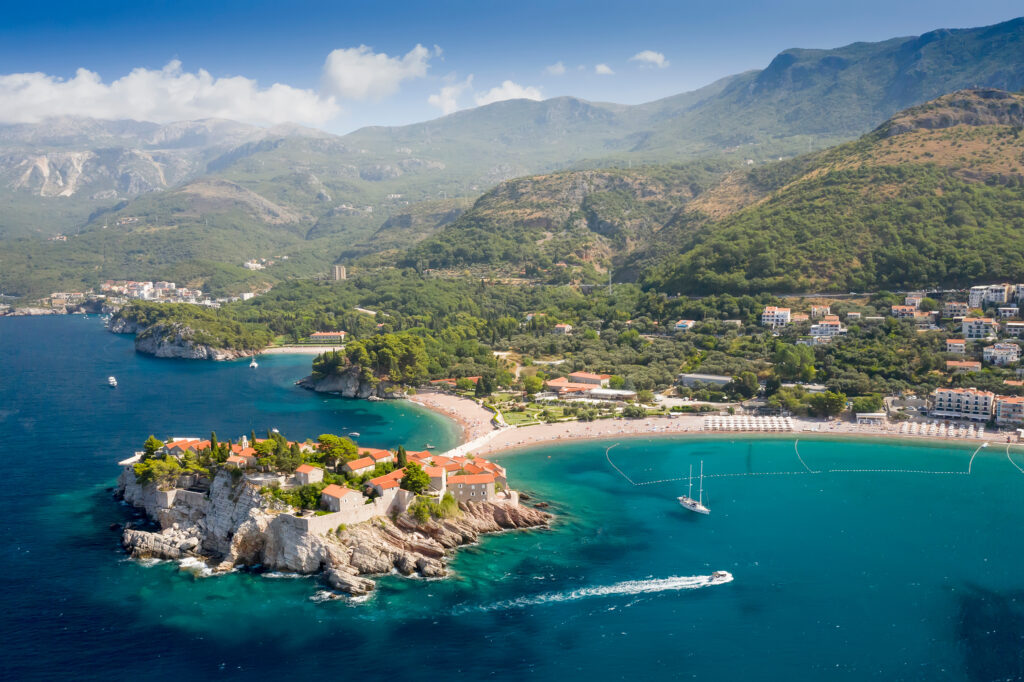 Aerial view at the Sveti Stefan islet in Montenegro